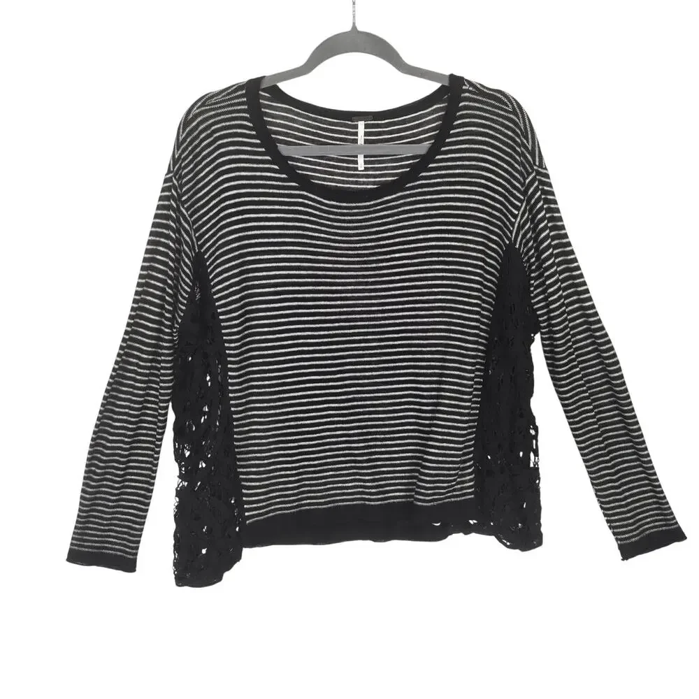 Free People Love Me Do Black Stripe Top XS Linen Crochet Lace Trim Relaxed Boho